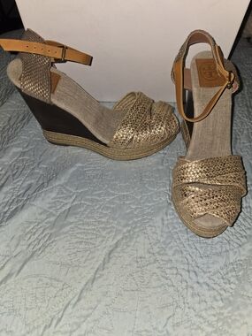 Tory Burch Metallic Gold Woven Ankle-Strap Espadrille Wedges
